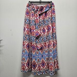 Japna Maxi Skirt Large Pocket Linen Blend Colorful Ikat Pattern Boho Abstract